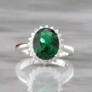 4Ct Oval Cut Natural Green Emerald Halo Engagement Ring 14K White Gold Plated - Picture 1 of 7