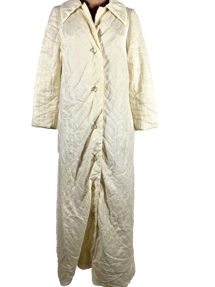 Abrigo de casa vintage años 70 marfil para mujer S/M acolchado botón delantero sedoso maricón Foto 1 de 4
