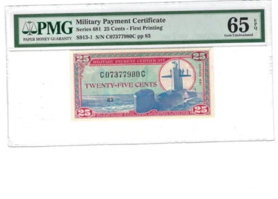 Certificado de pago militar de 25 centavos. MPC United States Series 681 PMG 65 EPQ Foto 1 de 2