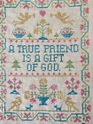 VTG Cross Stitch Embroidery Folk Art Sampler Friendship Motto Completed Signed