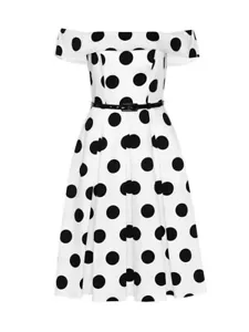 REVIEW Monaco White Black Spot Dress Knee Length Off Shoulder No Belt Pinup 8 - Picture 1 of 10