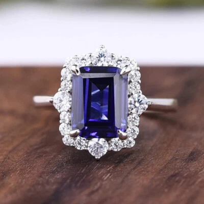 4 Kt Smaragd Blau Diamant Trauring Hochzeit Ring Verlobungsring Weißgold-Finish - Bild 1 von 4