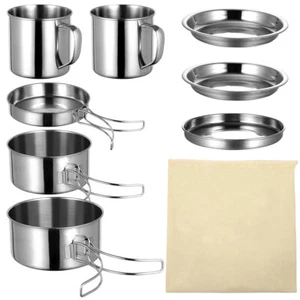 Portable Stainless Steel Cooking Mess Kit Pots Pan Outdoor Camping Cookware Set - Picture 1 of 12