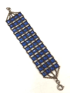 Antique Art Deco Solid Silver & Czech Blue Link Bracelet 4 Rows Bohemian - Picture 1 of 13