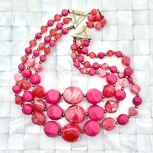 Chunky Pink Tones Beaded Statement Necklace Plastic The Vintage Strand Lot #3517