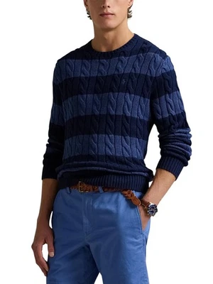 RALPH LAUREN Classics Blue Men Jumper M Blue Striped Cable Knit Pullover RRP258 - Image 1 of 4