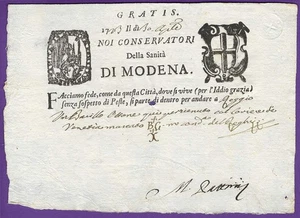 1700er MODENA Italien, DOKUMENT, Gesundheitssiegel, DELLA SANITA, Cholera Ära, Reisepass? - Bild 1 von 1