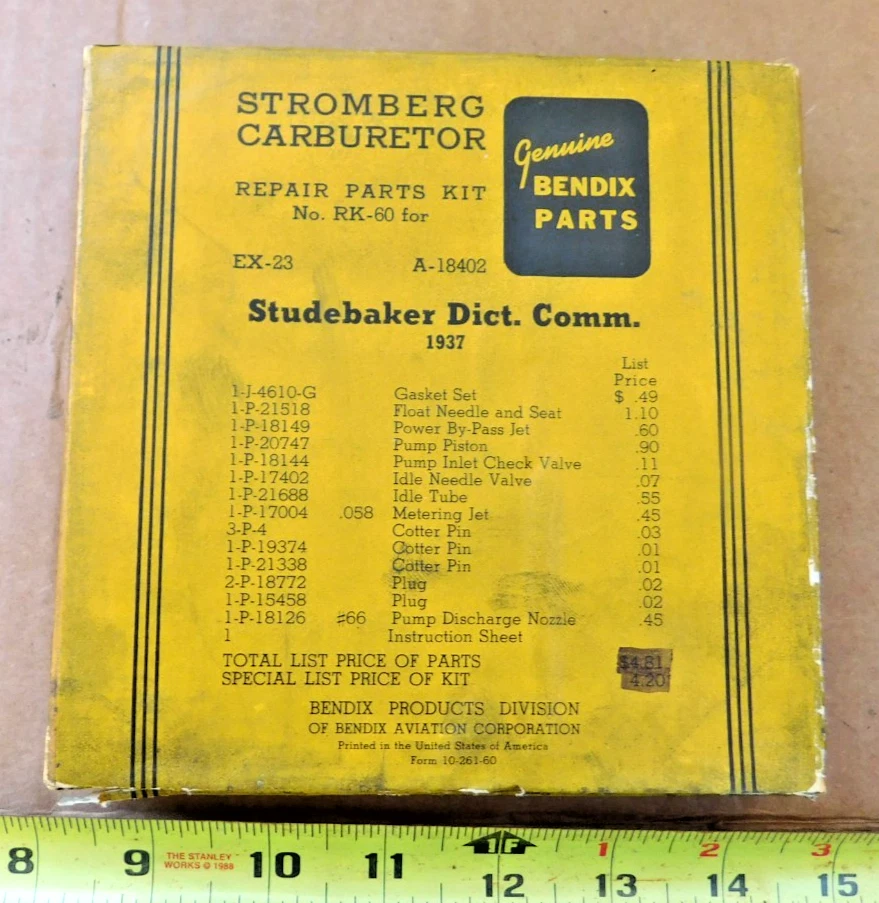 НОВЫЙ РЕМОНТНЫЙ КОМПЛЕКТ КАРБЮРАТОРА STROMBERG ДЛЯ АВТОМОБИЛЕЙ STUDEBAKER DICTATOR 1937 ГОДА - Изображение 1 из 1