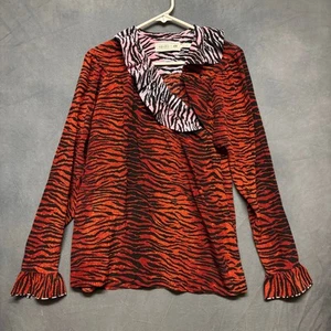 Kenzo x H&M Blouse Tiger Stripe Ruffle Silk Sz 4 Flip Cuff Collar Animal Print - Picture 1 of 8