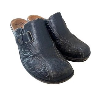 Sofft Blue Leather Mules Shoes Size 7.5W Heels Slip On Western Boho Artsy  - Picture 1 of 10