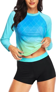 Women Two Piece Rash Guard Long Sleeve Swimsuits UV UPF 50+ Swim Shirt Bathing S - Picture 1 of 13