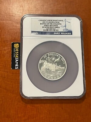 2015 $30 CANADA'S NAVY 2 OZ .999 SILVER PROOF BATTLE OF THE ATLANTIC NGC PF69 ER - Image 1 of 2