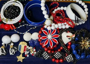 Vintage 4th Of July Jewelry Red White Blue Black Metal Flower Brooches Patriotic - Picture 1 of 20