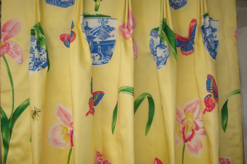 Nuevo One Pr 2 piezas Cortinas Plisadas Forradas Duralee Orquídeas Amarillo 24" x 84" ea Foto 1 de 4