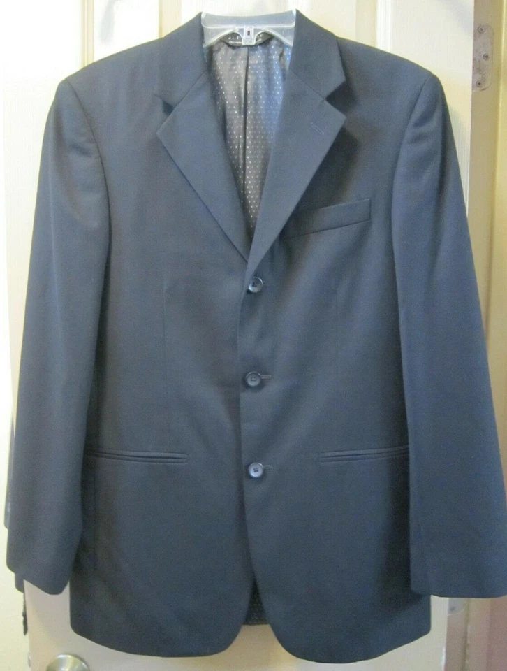 SZ 36R 32W X 29L J. FERRAR MENS 3 BTN DARK BLACK POLY RAYON BLEND 2 PC SUIT, EUC - Image 1 of 4