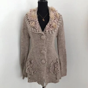 SIONI Sweater Cardigan Size L Brown Wool Blend Knit Fox Fur Knit - Picture 1 of 9