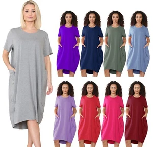 Womens Short Sleeve Italian Lagenlook Baggy Midi Dress with Pockets Ladies Top - Picture 1 of 14