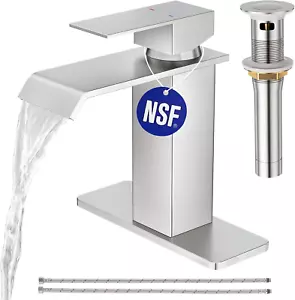 Waterfall Bathroom Faucet 1 Hole,Brushed Nickel Bathroom Faucet Single Handle Ba - Picture 1 of 9