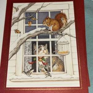 Vintage 13 Weihnachtskarten 1990 mit Umschlägen Eichhörnchen Katze Vogel Winterszene - Bild 1 von 15