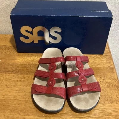 SAS Naples Red Snake Sandals Women’s Sz 6 1/2 Triple Strap Adjustable Slide - Image 1 of 4