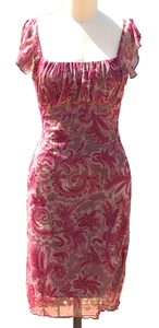 TRIXXI Empire Waist Body Con Pencil Mesh Gathered Dress Sleeveless Red Paisley M - Picture 1 of 8