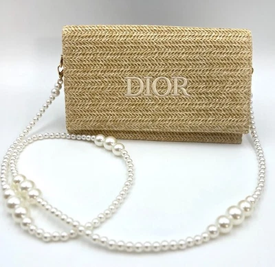 Christian Dior Straw Raffia Woven Cosmetic  Zipper Bag  Pouch with Chain ~ Beige - Image 1 of 4