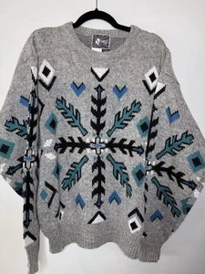 VTG 70s Tyrolia HEAD Pullover Ski Wool Sweater Men L Aztec Southwest Gray READ - Picture 1 of 15