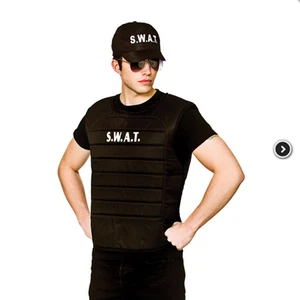 Adulto Negro Equipo SWAT Chaleco Y Gorra Sombrero Policía FBI Americano Vestido Elegante Conjunto de Disfraz - Imagen 1 de 2