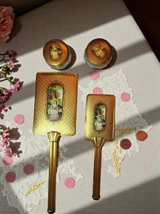 4-Pc Vintage Vanity Set – Gold Guilloché Mirror, Brush & Trinket Jars - Picture 1 of 11