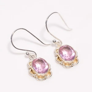 Natural Amethyst Gemstone Drop/Dangle Ethnic Pink Earrings 925 Sterling Silver - Picture 1 of 5