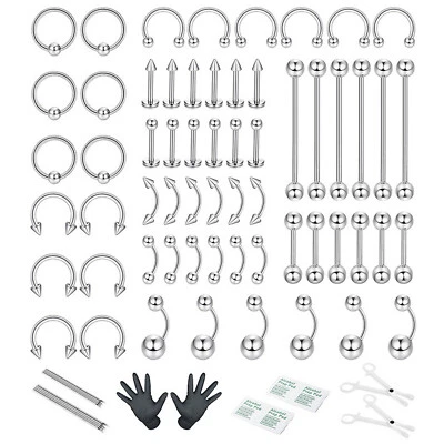 60pcs Professional Body Piercing Kit Eyebrow Ear Lip Tongue Nose Navel Set - Image 1 of 4