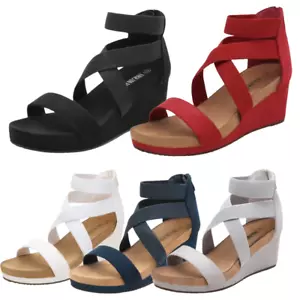Women Elastic Ankle Strap Open Toe Back Zipper Platform Wedge Sandals - Picture 1 of 28