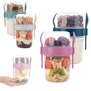 On The Go Cereal Yogurt Cups with Lids and Spoon Overnight Oats Container - Picture 1 of 9