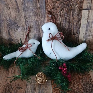 Set of 2 Bird Ornaments Plush White Fleece Fabric Red Twisted Jute Twine Bow - Picture 1 of 4