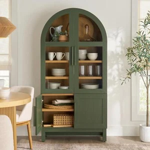 Elegant Arched China Display Cabinet Sturdy Wood Glass Doors Kitchen Dining Room - Picture 1 of 14