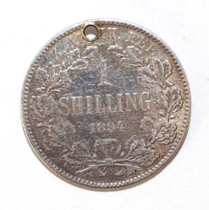 1894 South African One Shilling Coin W/ Punch Hole, Sterling Silver, Genuine - Picture 1 of 4