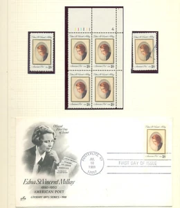 USA Scott 1926 Edna St. Vincent Millay singles, blocks, FDC's, plate blocks - Picture 1 of 3