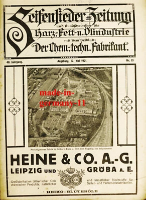Orig 1921 Titel Luftfoto der Fabrik HEINE in GRÖBA /RIESA "Seifensieder Zeitung" - Bild 1 von 3