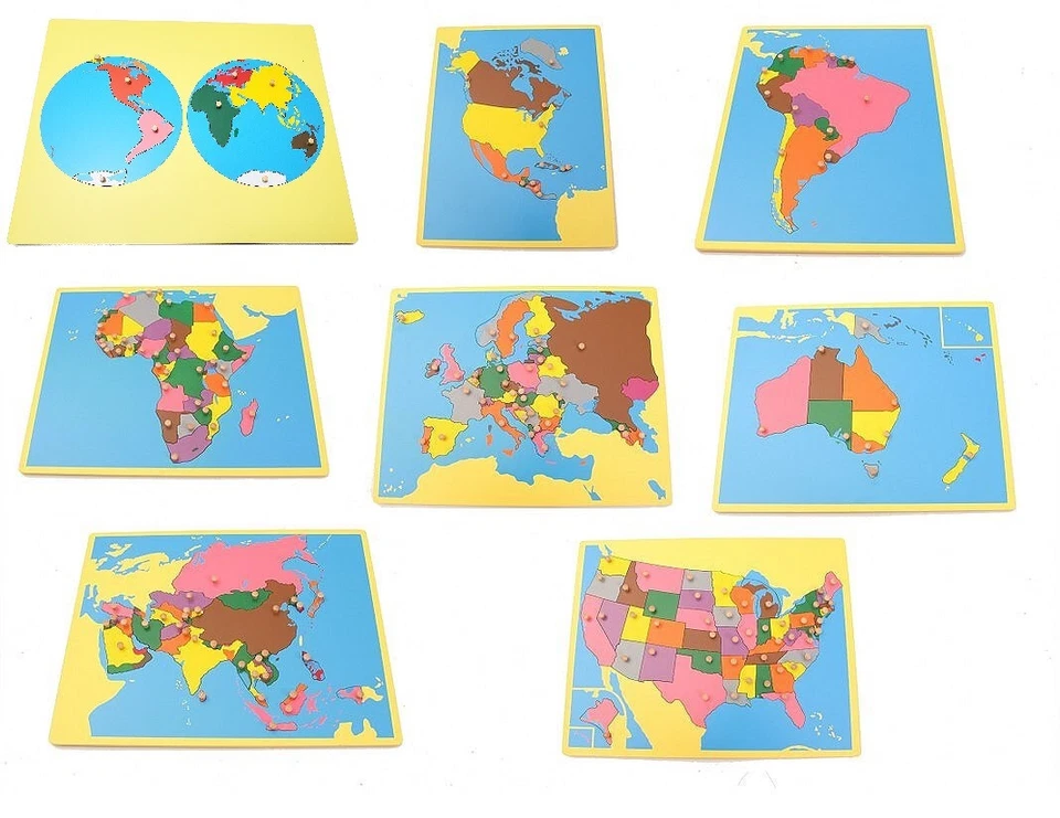 Material de Geografia Montessori - Conjunto de Mapa de Placa Pequena 1 (Conjunto de 8 Mapas) com EUA - Imagem 1 de 1