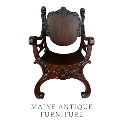 Antique Carved Mahogany Saddle Arm Chair – Lion Head Details – 1890s # 22495 - Image 1 of 4