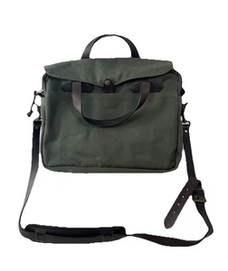 Filson Green Canvas & Leather Crossbody Laptop Bag With Adjustable Strap - Afbeelding 1 van 10