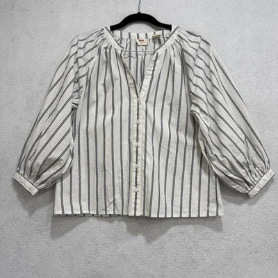 Blusa Top Camisa Levis Para Mujer XS Blanca Negra Rayas Botón Delantero Manga Larga Foto 1 de 4