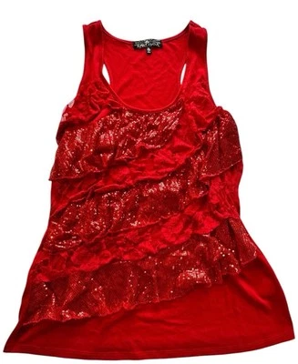 Camiseta sin mangas casi famosa de lentejuelas rojas en capas para mujer talla extra grande ligera Foto 1 de 4