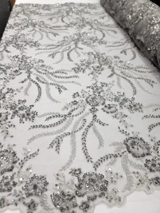 SILVER Beaded Lace Sequin Embroidery Lace Fabric Sold by The Yard Floral Flowers - Picture 1 of 12
