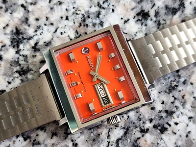 RARE RADO MANHATTAN AUTOMATIC DAY/DATE SWISS MADE VINTAGE ORANGE DIAL GENTS. - image 1 of 4