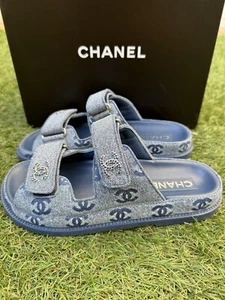 2025 Chanel Azul Denim Abierto Papá Acolchado Logo CC SANDALIAS DESLIZABLES MULAS 36 C - Imagen 1 de 16