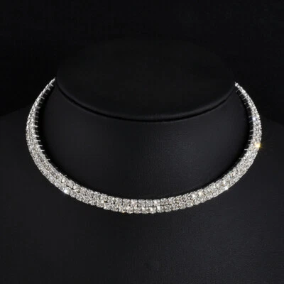 2 Rows Silver Choker Necklace CZ Cubic Zirconia Crystal Women Gift For Her UK - Image 1 of 4