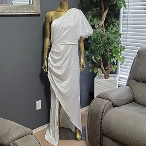 Boohoo White Puff One Shoulder Side Split Maxi Dress Size 14 NWT - Picture 1 of 12