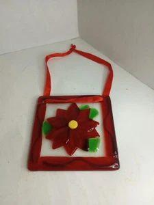 Fused Glass Red Poinsettia Square Sun Catcher Ribbon Hanger 4"X4" - Picture 1 of 5