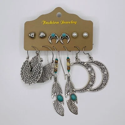 Earrings 6 Pairs Gift Boho Stud Boho Feather Heart Dangle Jewelry Silver Tone - Image 1 of 4